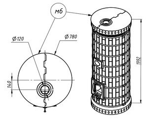 Technical drawing of Sudarinya round masonry heater kit showing 780mm diameter, 1992mm height, and top-vent flue connection.