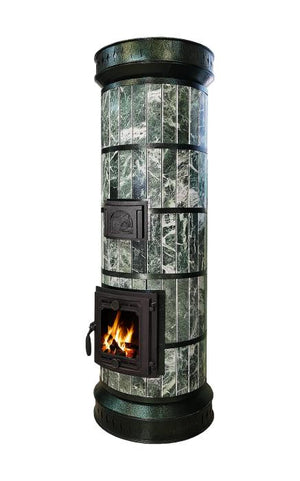 Tundra masonry heater kit clad in polished Green Serpentine stone with cast iron firebox and cleanout doors
