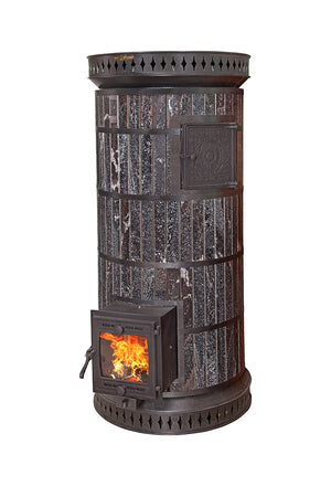 Round amphibolite black stone masonry sauna heater with cast iron firebox door, wood fired for off-grid sauna heating
