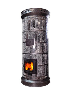 Studio shot of the Siberia thermal mass heater, showcasing the black speckled amphibolite stone finish (black granite style) and clean black decorative trim on a white background.