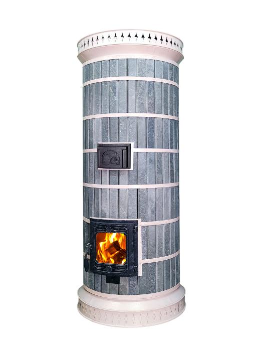 Studio shot of the Siberia thermal mass heater, showcasing the natural blue soapstone finish and clean white decorative trim on a white background.