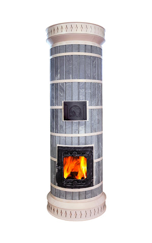 Full view of Tundra blue soapstone masonry heater with glass firebox door and upper cleanout door