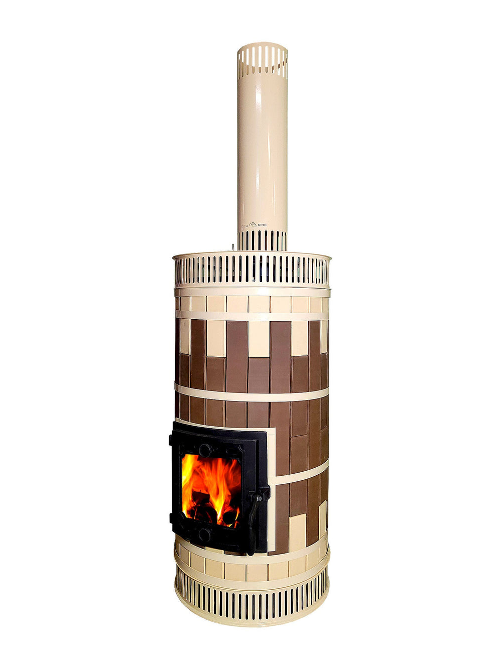 Full view of Whistler masonry heater in brown with matching cream convection grille and chimney pipe