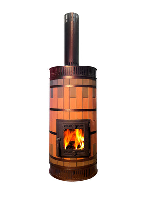 Whistler masonry heater in two-tone red and tan brick with bronze convection vents and chimney pipe