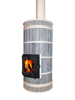 Full height view of Whistler blue soapstone heater connected to a matching cream chimney pipe