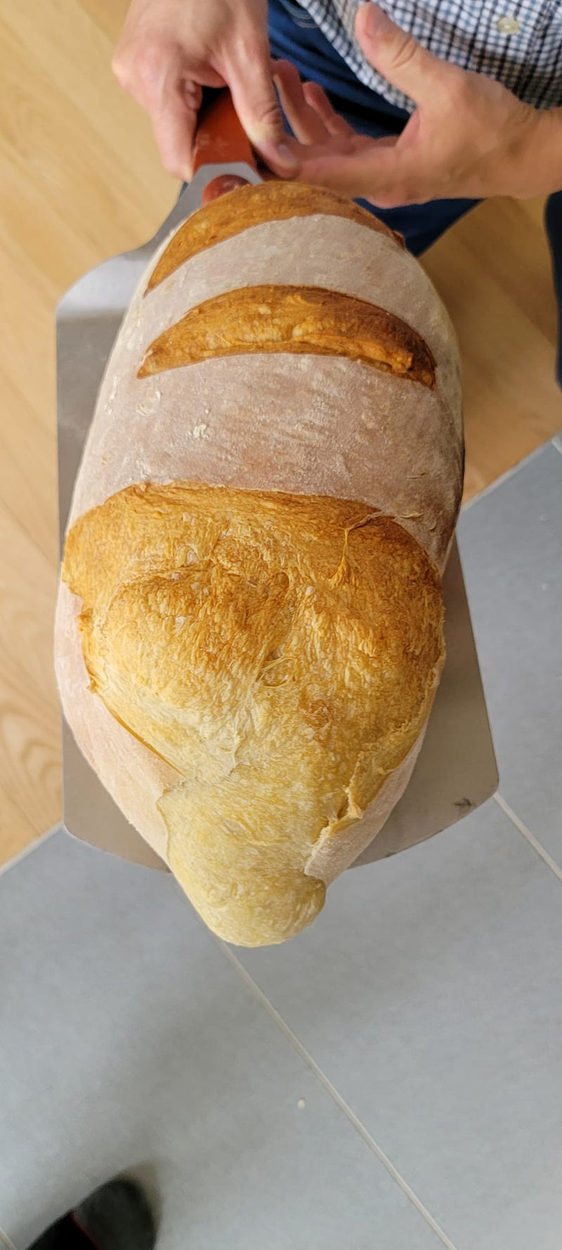 A perfectly baked loaf of golden-brown sourdough bread freshly removed from a Siberia masonry heater.