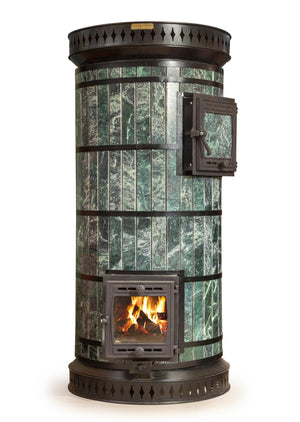 Cylindrical green serpentine stone masonry sauna heater with cast iron glass door and upper cleanout