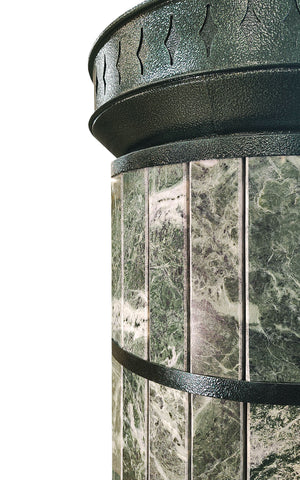 Macro detail of polished green serpentine stone texture showing natural veining and dark green metal bands