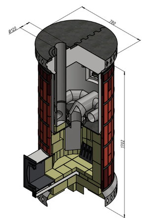 Technical cutaway diagram of DIY siberia masonry heater kit showing internal refractory brick core, airflow channels, and stone cladding
