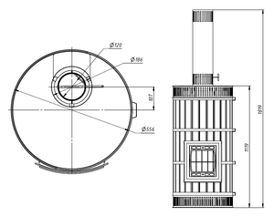 Technical drawing of cylindrical Whistler masonry heater showing 556mm diameter and 1119mm body height