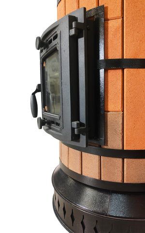 Side profile showing cast iron door frame mounted independently from the red brick masonry shell