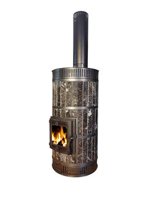 Angled view of polished black stone Whistler stone wood stove showing the depth of the stone cladding and convection airflow slots