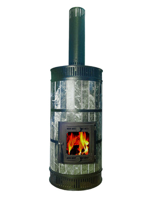 Front view of green stone masonry heater showing natural serpentine veining and cast iron firebox