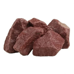 Close-up of premium red quartzite sauna heater replacement stones on a white background.
