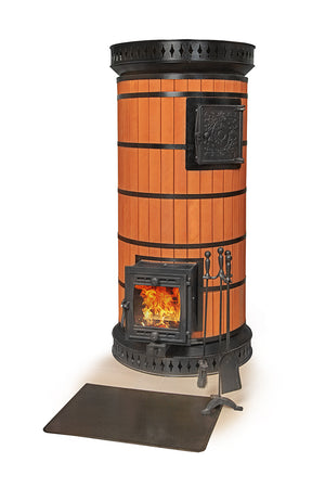Round red brick masonry sauna heater kit with cast iron steel tension bands and fireplace tools