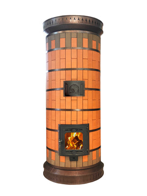 Front view of the Siberia model masonry heater kit in red brick with bronze trim, featuring a glass firebox door with a wood fire burning.