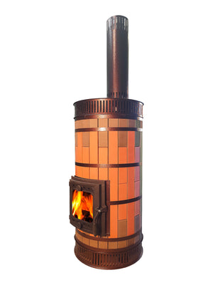 Angled view of cylindrical red brick masonry heater showing compact 22-inch diameter footprint