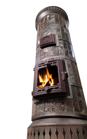 Low angle view of tall Tundra Black amphibolite heater, ideal for heating high-ceiling log cabins