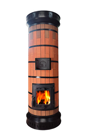 Tundra masonry heater kit in red and tan terracotta brick with steel bands and cast iron door