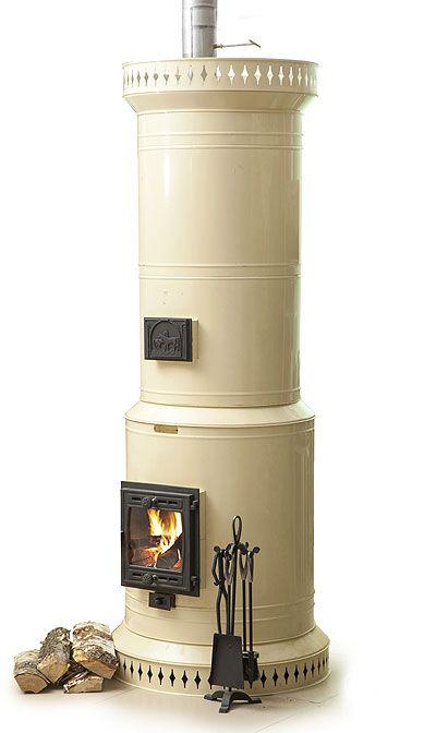 Venice 30 DIY masonry heater kit in cream colored steel finish, featuring a glass viewing door with a wood fire burning and upper cleanout door.