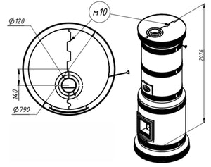 Technical schematic of Venice 30 masonry heater showing 2076mm height and 790mm diameter footprint.