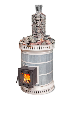 Volcano masonry sauna heater in blue soapstone with cream bands, featuring a chimney rock basket full of stones