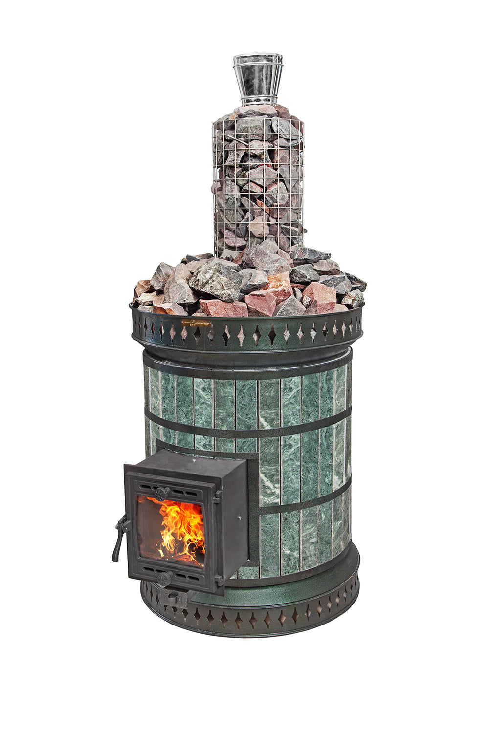 Volcano masonry sauna heater in polished green serpentine stone with a chimney rock basket for extra steam capacity