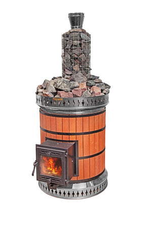 Volcano masonry sauna heater in red terracotta brick featuring a chimney rock basket filled with stones for extra steam
