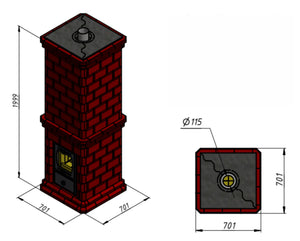 Technical schematic of Volga masonry heater showing 1999mm height and 701mm square footprint with top flue connection.