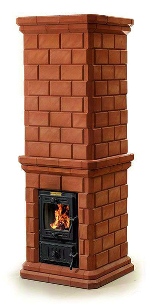Volga DIY masonry heater kit featuring red facing bricks, a glass viewing door with fire burning, and traditional stepped brick molding.