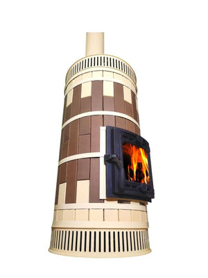 Whistler masonry heater kit in two-tone brown and cream brick with cast iron firebox door, designed for budget-friendly heating