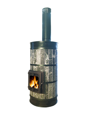 Whistler masonry heater kit in polished green serpentine stone with convection vents, angled view