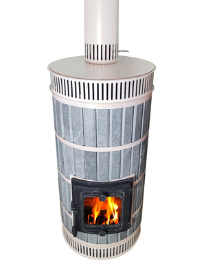 High angle view of Whistler heater in blue showing top metal convection vents and flue connection on blue soapstone body
