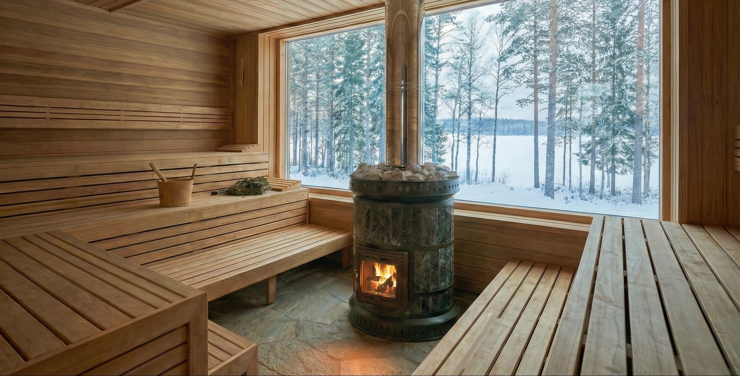Green serpantine stone wood-fired sauna masonry heater kit with rock basket, installed in a cedar sauna overlooking a snowy winter forest.